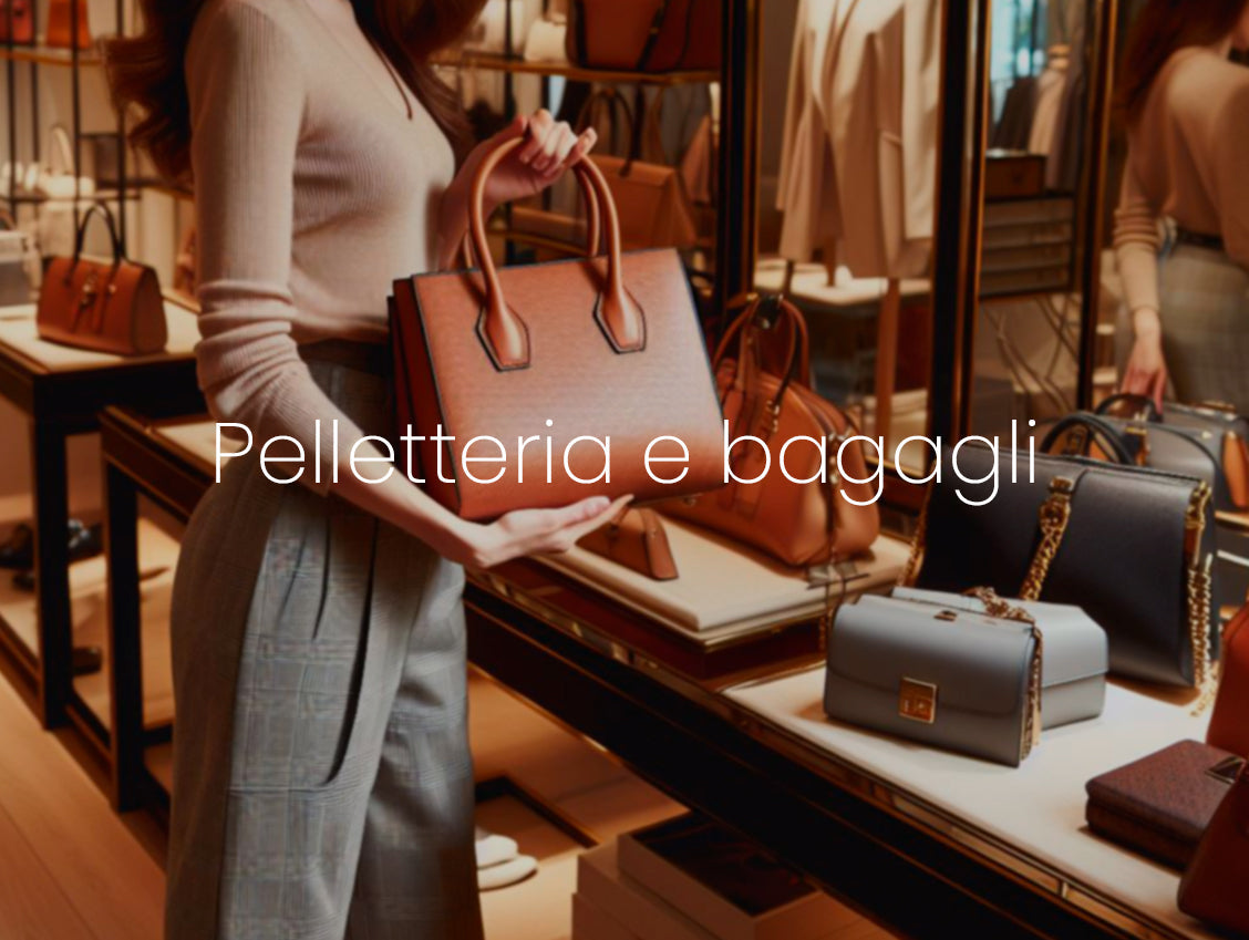 Donna in boutique di pelletteria con borsa in pelle cognac — Pellissima