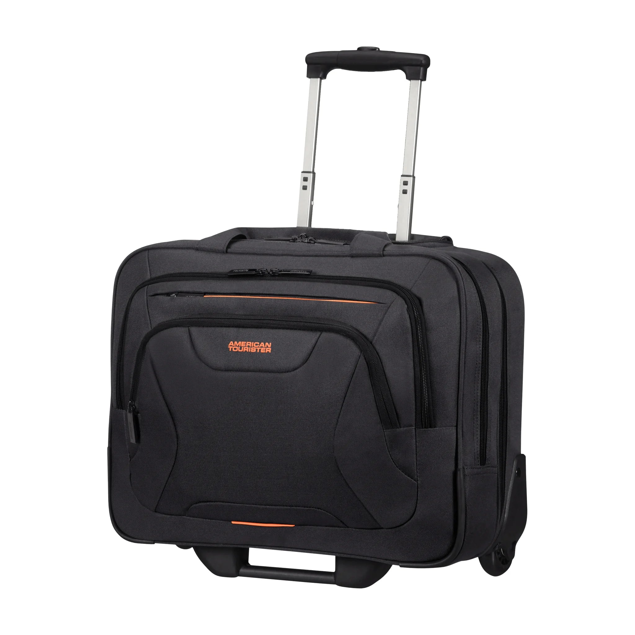 Vista di tre quarti di American Tourister At Work Cartella Porta Pc Con Ruote - Blackorange