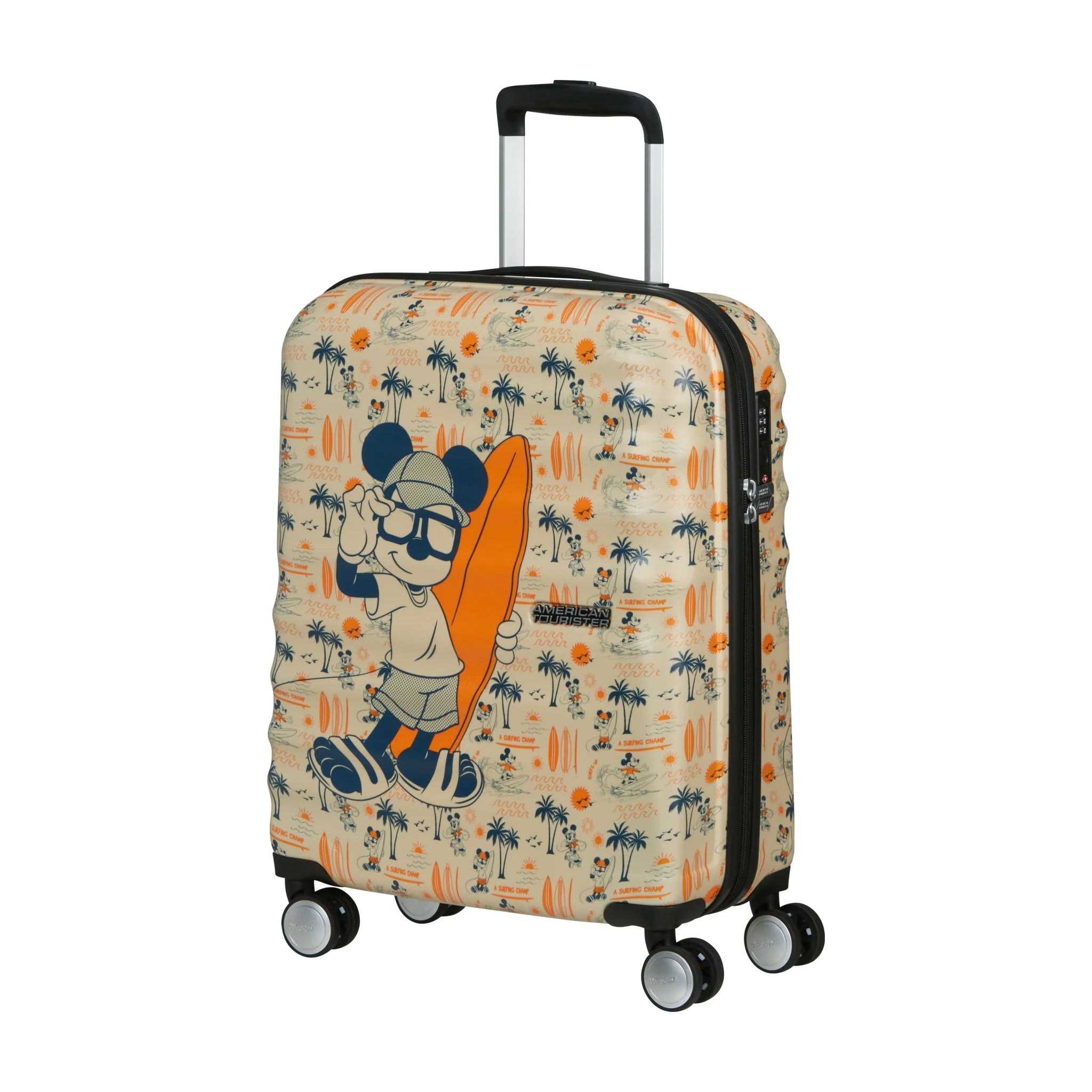 Vista di tre quarti di American Tourister Disney Wavebreaker Trolley (4 Ruote) - Mickey Super Surfer
