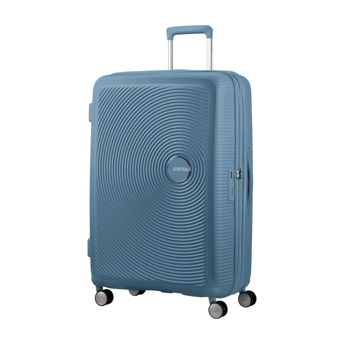 Vista di tre quarti di American Tourister Soundbox Trolley (4 Ruote) - Stone Blue