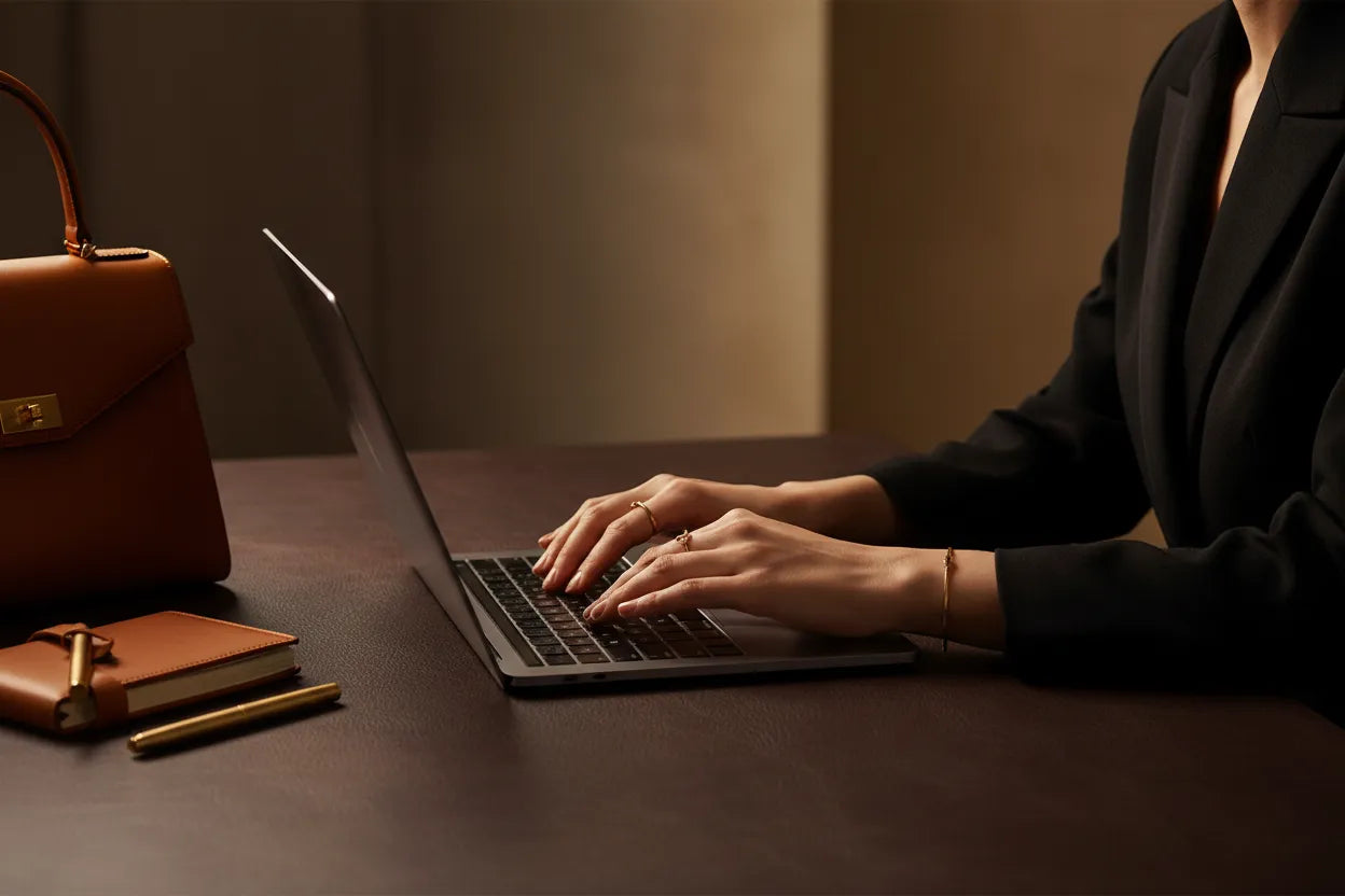 Donna in abito elegante che digita al computer accanto a una borsa da lavoro in pelle. Iscriviti alla newsletter per le novità sui migliori brand di pelletteria