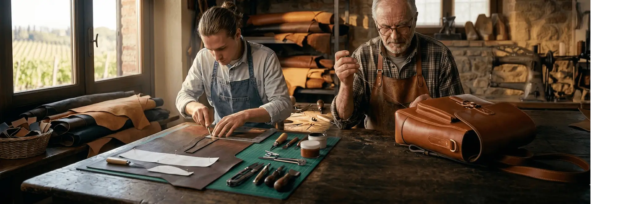 Due artigiani lavorano a mano uno zaino in pelle in una tradizionale bottega italiana. Rappresenta l'eccellenza e la tradizione del Made in Italy.