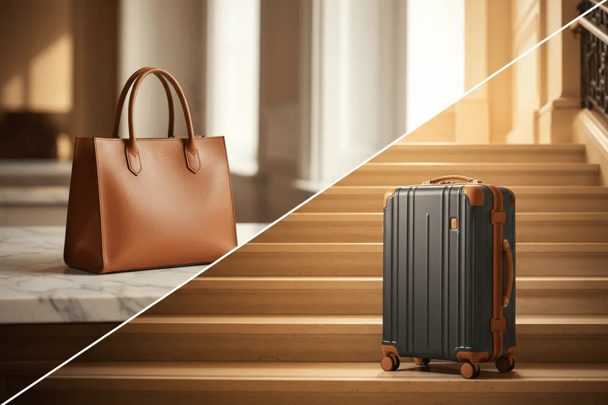 Copertina del Magazine online: borsa in pelle classica e trolley da viaggio su una scalinata. Guide, tendenze e consigli per scegliere la migliore valigeria e pelletteria.