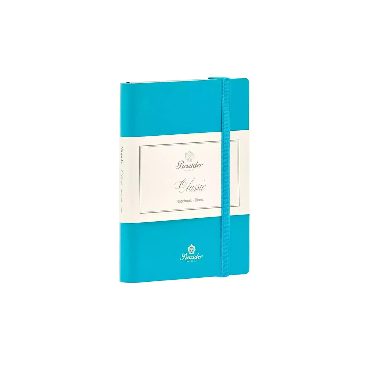 Vista di tre quarti di Pineider Classic Notebook Classic Senza Righe - Turchese