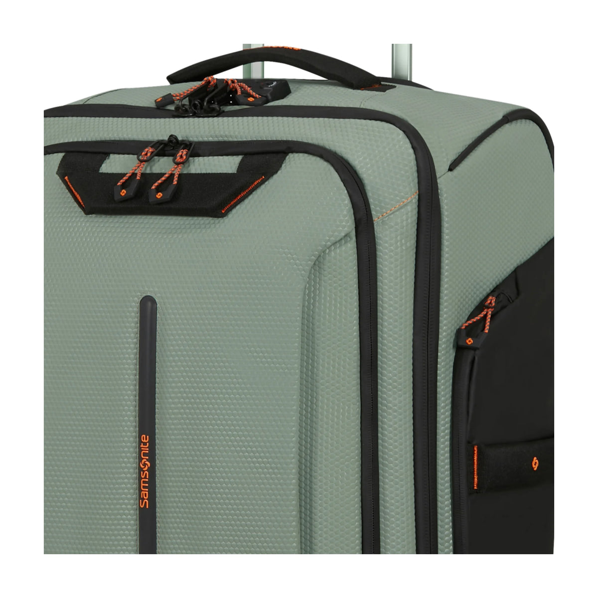 Dettaglio finiture e hardware di Samsonite Ecodiver Borsone Con Ruote Bagaglio A Mano - Light Sage